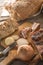 Traditional fresh bread with slices od bacon with onion served on wooden plate, european national snack, slovak food