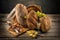 Traditional freshly baked bread with seeds, served with slices of cheese, grape and white wine on a wooden background