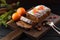 Traditional fruit cake for Christmas served on wooden board with