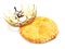 Traditional galette des rois and decorative crown on white background