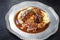 Traditional German braised veal cheeks in brown sauce with mashed potatoes