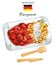 Traditional German currywurst with chips on disposable paper tray