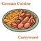 Traditional German currywurst sausage, served with chips or French fries in a pan