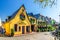 Traditional german houses and beautiful art buildings with typical wooden wall fachwerk style in Rudesheim