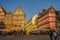 Traditional German old half-timbered houses fachwerk at historical downtown in Frankfurt, Germany, during colorful sunset,