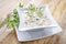 Traditional German remoulade with gherkin and dill in a design bowl on a wooden board