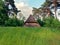 Traditional German sheepfold in the meadow of heathland in summer