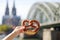 Traditional germany food pretzel with city of Cologne, Germany