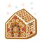 Traditional gingerbread house decorated with icing and candies. Cartoon colorful vector illustration.