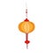 Traditional golden Chinese street lantern hanging on chord. Festive decorative collapsible paper light in China and