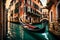 A traditional gondola gliding through the narrow canals of a historic European city, passing by charming buildings
