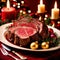 Traditional gourmet meal of roast beef, plated with festive Christmas decoration for holiday meal