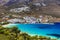 Traditional Greece - white houses and turquoise sea. Amorgos island, Aegiali beach, Cyclades