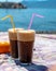 Traditional greek cold coffee Frappe made from water, instant coffee and ice cubes