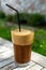 Traditional greek cold coffee Frappe made from water, instant coffee and ice cubes