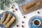 Traditional Greek food, snack, flat lay with plate baklava