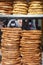 Traditional greek koulouri, sesame bread ring bagels, street food closeup view