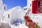 Traditional greek street with flowers in Amorgos island, Greece islands