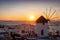 The traditional Greek windmill over the town of Mykonos island, Cyclades, Greece