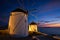 Traditional greek windmills on Mykonos island at sunrise, Cyclades, Greece