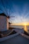 Traditional greek windmills on Mykonos island at sunrise, Cyclades, Greece