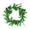 Traditional green christmas fir wreath with cones, holly berry or winterberry with red berries. isolated