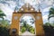 Traditional hacienda entrance leading into garden at the San Lorenzo Hacienda at the Oxman Cenote, Yucatan, Mexico