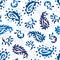 Traditional Hand Painted Classic Blue Paisley Vector Seamless Pattern. Hand-Drawn Classic Background Shawl Print