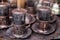 Traditional handcrafted copper coffee cups in Sarajevo