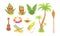 Traditional Hawaiian Symbols Collection, Palm Trees, Tiki Mask, Ukulele Guitar, Surfboard, Wreath of Flowers Vector