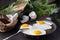 Traditional healthy easy quick breakfast meal made of two fried eggs served on a frying pan