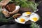 Traditional healthy easy quick breakfast meal made of two fried eggs served on a frying pan