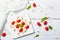 Traditional healthy Italian appetizer. Mozzarella, fresh leaves and cherry tomatoes on skewers