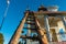 Traditional Hindu Temple in Uttarakhand, India, with unique handmade ladder - Under construction. Cultural heritage