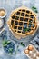 Traditional homemade american blueberry pie with lattice pastry