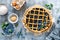 Traditional homemade american blueberry pie with lattice pastry