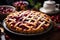 Traditional homemade cranberry pie on wooden background. Selective focus.