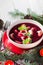 Traditional homemade red borscht dumplings Christmas table