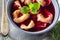 Traditional homemade red borscht dumplings Christmas table