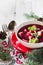 Traditional homemade red borscht dumplings Christmas table