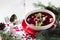 Traditional homemade red borscht dumplings Christmas table