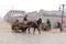 Traditional horse-drawn carriage in foggy walled town Pingyao, China