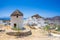 Traditional houses, wind mills and churches in Ios island, Cyclades.