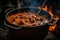 A traditional Hungarian goulash stew bubbling in a cauldron over an open fire. Capture the hearty, comforting food that keeps