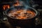 A traditional Hungarian goulash stew bubbling in a cauldron over an open fire. Capture the hearty, comforting food that keeps