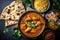 Traditional Indian dishes Chicken tikka masala, palak paneer, saffron rice, lentil soup, pita bread and spices