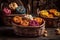 Traditional Indian Snacks In Decorative Baskets. Generative AI
