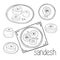 Traditional indian sweets sandesh on a plate set sketch hand drawn icon concepts collection of doodle elements, monochrome,