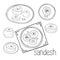 Traditional indian sweets sandesh on a plate set sketch hand drawn icon concepts collection of vector doodle elements, monochrome