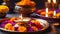 Traditional Indian Thali puja with marigolds, lit candle, incense and bokeh, Indian holidays,